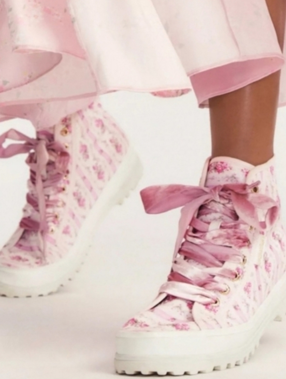 Pink Floral High-Top Sneakers with Velvet Laces - Picture 2 of 12
